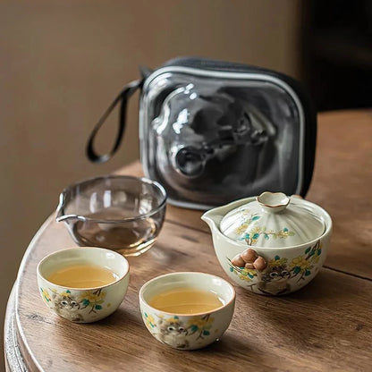 Cream Ru Kiln Porcelain Quick Guest Tea Set Portable Travel Tea Set