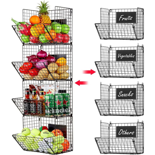 Metal Wire Basket Wall Mount, 4 Tier Extra Large Wall Storage Basket Organizer with Chalkboards, Kitchen Fruits and Vegetables