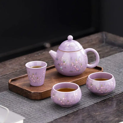 1 Pot 3 Cups Tea Set Purple Ru Kiln Outdoor Portable Travel Tea Set, Ceramic Quick Guest Cup
