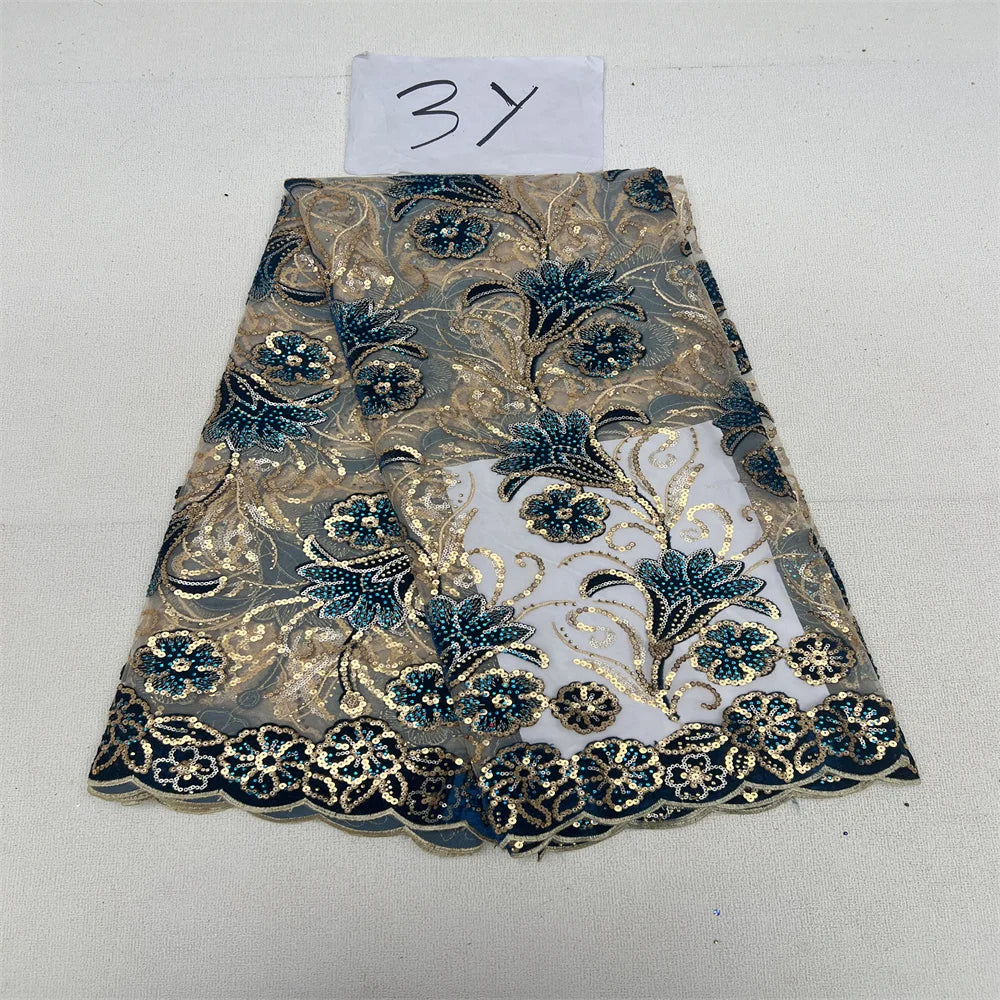 African Sequins Beaded Lace Fabrics  3 yards High Quality Sequence Embroidery French Nigerian Lace Fabric For Wedding Sewing