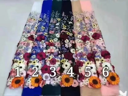 Colorful 3D Flower Lace Fabric DIY Wedding Dress Luxury Latest Three - dimensional sunflower floating soft mesh embroidery lace