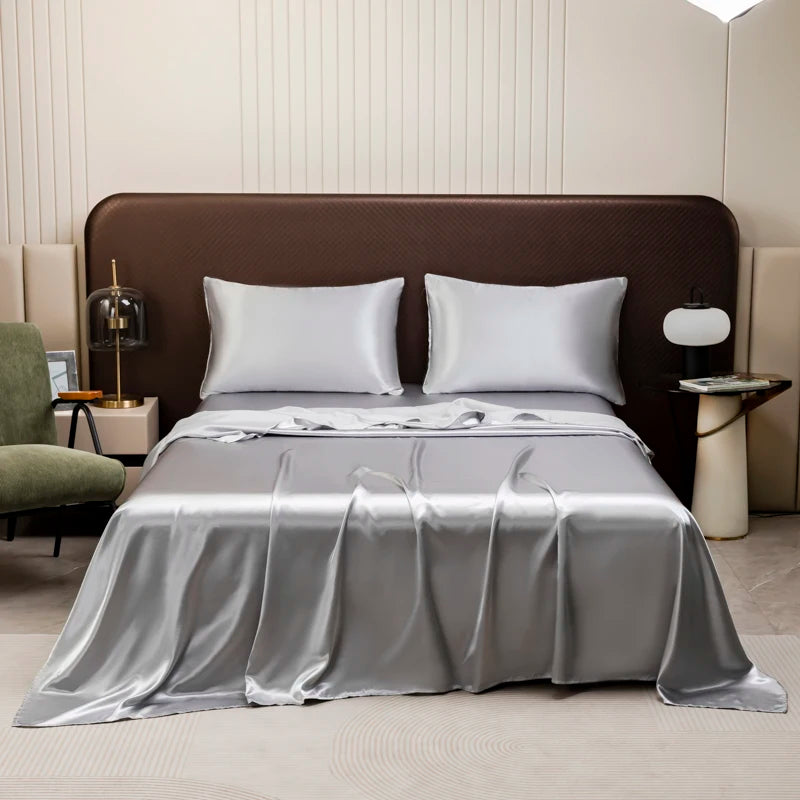 Satin Bed Sheet Sets for Summer Silky Smoooth Top Sheet with Pillowcase Single/Queen/King Ice Cooling Flat Bed Sheet Sets
