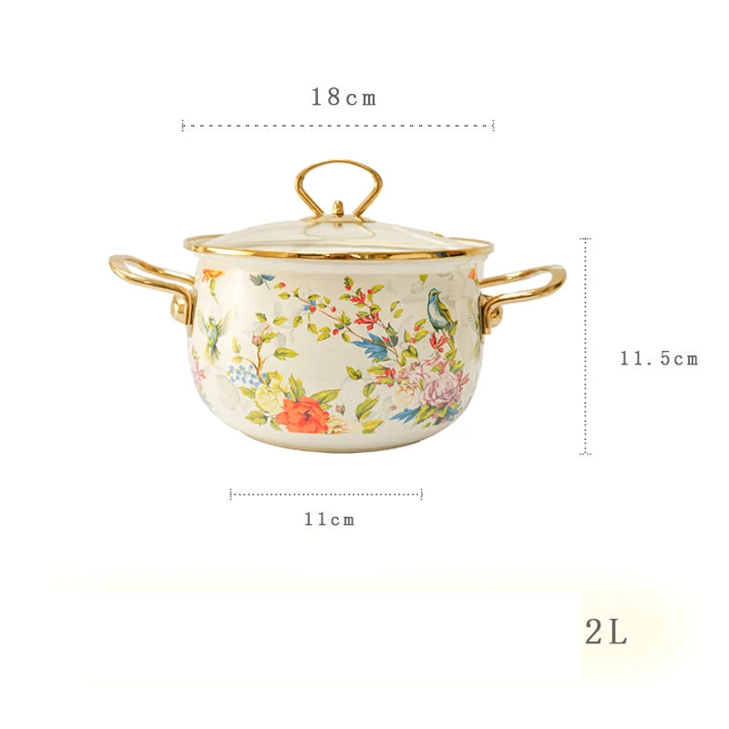 Enamel Soup Pot Retro Flower Bird Binaural Large Capacity Stew Pot with Lid Home Enamel Utensils for Kitchen Delicate Cookware