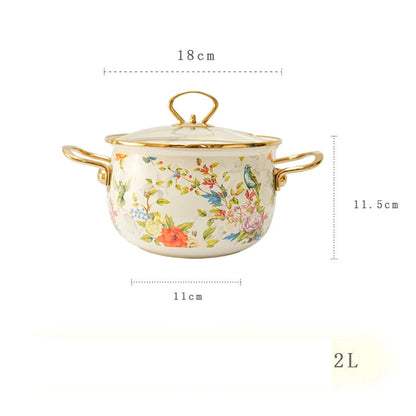 Enamel Soup Pot Retro Flower Bird Binaural Large Capacity Stew Pot with Lid Home Enamel Utensils for Kitchen Delicate Cookware