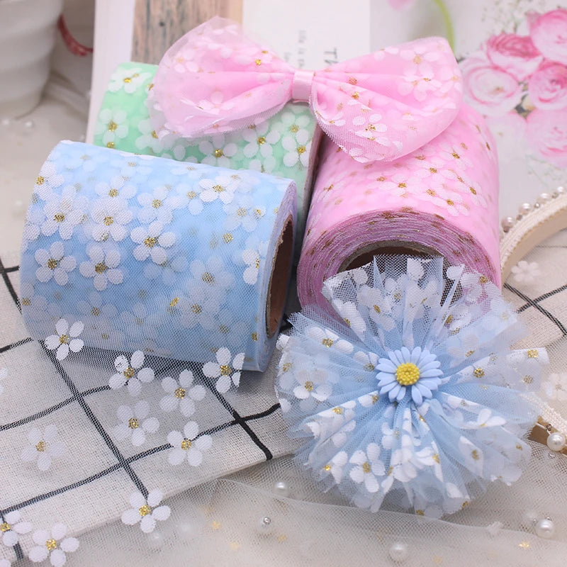 6 cm 5yards Floret TuLle Daisy Ribbon Roll Diy Handmade Craft Hair Ornament Baking Cherry Blossoms Gedrukte Mesh Fabric Supplies