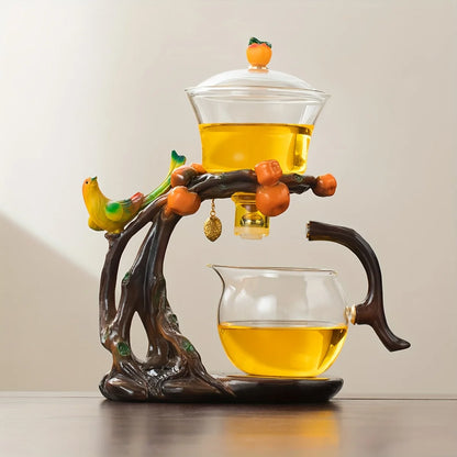 Eco-Inspired Faux Wood Glass Teapot - Magnetic One-Touch Infuser | Nature Decor, Spill-Proof, Ceremonial Tea Set