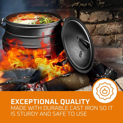 12 Quart Cast Iron Dutch Oven Cauldron Pot - Camping Cookware with Lid - Pre-Seasoned Heavy-Duty Potjie for Stews, Soups, Braisi
