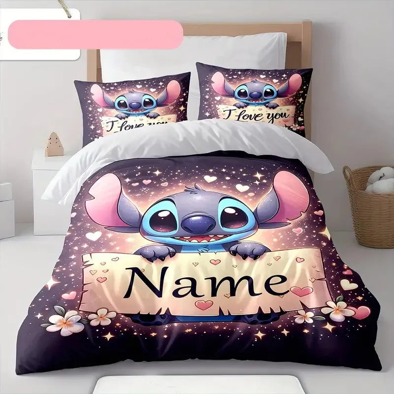 Customizable Stitch Anime Duvet Cover with 2 Pillowcases Cartoon Personalized Name Bedding Set for Women Children Teens
