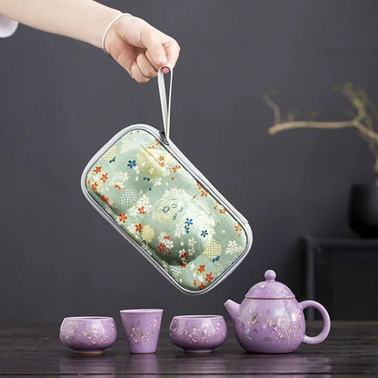 1 Pot 3 Cups Tea Set Purple Ru Kiln Outdoor Portable Travel Tea Set, Ceramic Quick Guest Cup