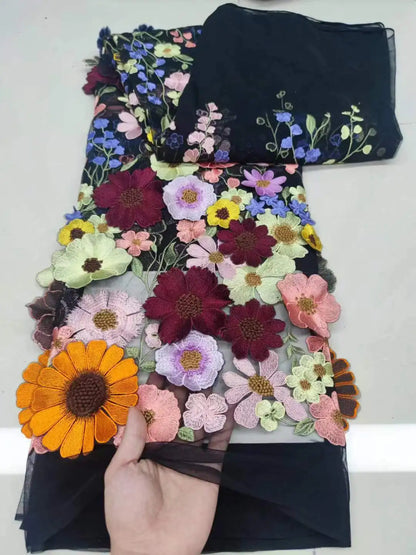 Colorful 3D Flower Lace Fabric DIY Wedding Dress Luxury Latest Three - dimensional sunflower floating soft mesh embroidery lace