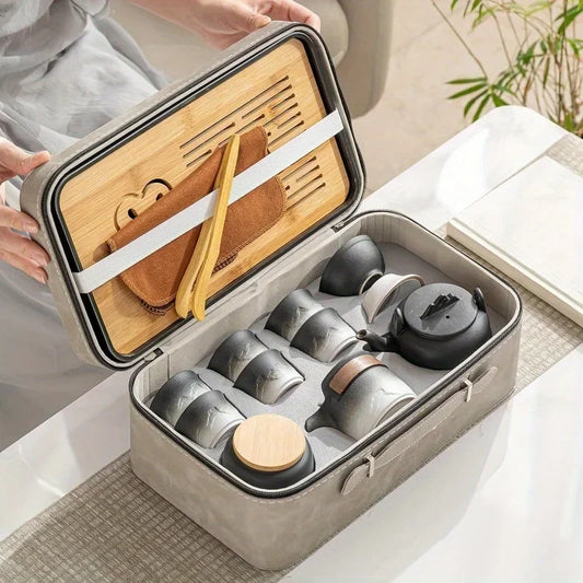 1Set Ceramic Black Kung Fu Tea Set Portable Travel Tea Box Set Office And Household Mate Tea Brewing Set Gift For  Lover