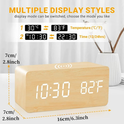 Voice Control Wooden Digital Alarm Clock Wireless Charging Temperature Date Night Mode Table Clock 3 Alarm 12/24H LED Clock