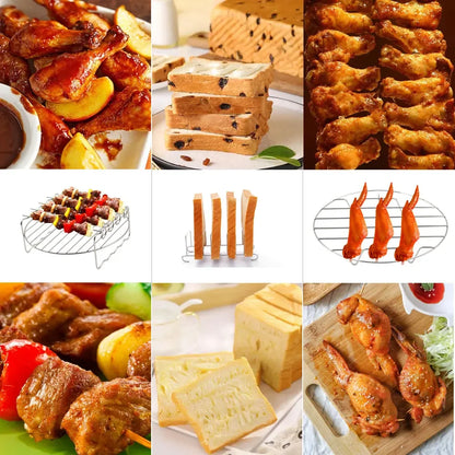 8/12 PC Air Fryer tartozékok készlet élelmiszer-minőségű levegő sütő tartozékok süteménykosarat pizza serpenyőben rozsdamentes acél nyársa állvány