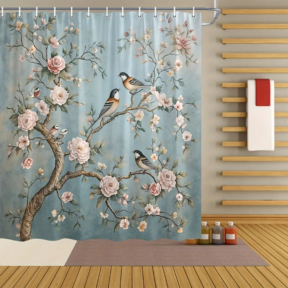 Blooming Branches and Birds Shower Curtain- Multi-Style Bath Decor, Perfect for Those Who Love Nature-Inspired and Practical