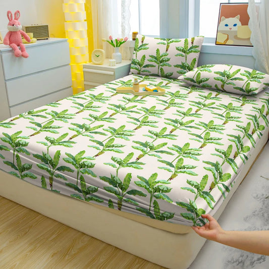 1 semplice moderno foglio aderente opaco stampato a fiori di pianta, coperchio per letto stampato in camera da letto, biancheria da letto (federe escluse)