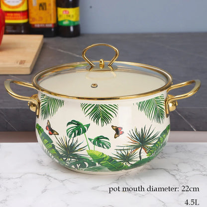 Enamel Soup Pot Retro Flower Bird Binaural Large Capacity Stew Pot with Lid Home Enamel Utensils for Kitchen Delicate Cookware