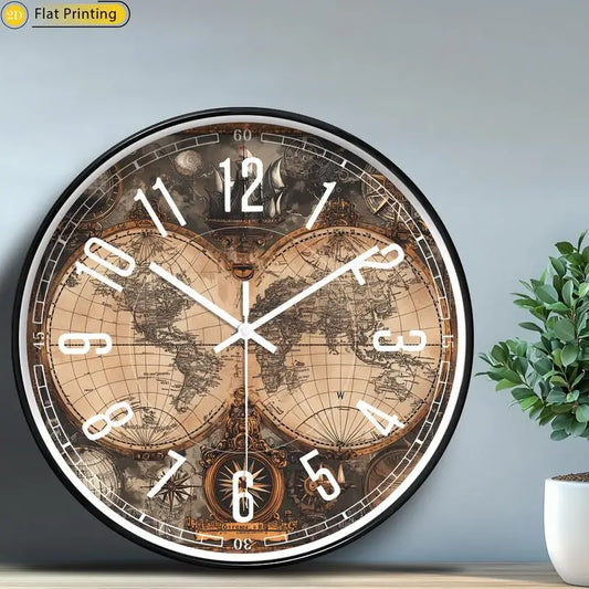 Wooden Silent Wall Clock Vintage world map compasses Quartz Round Analog Clock for Home Office Idea Holiday Gifts
