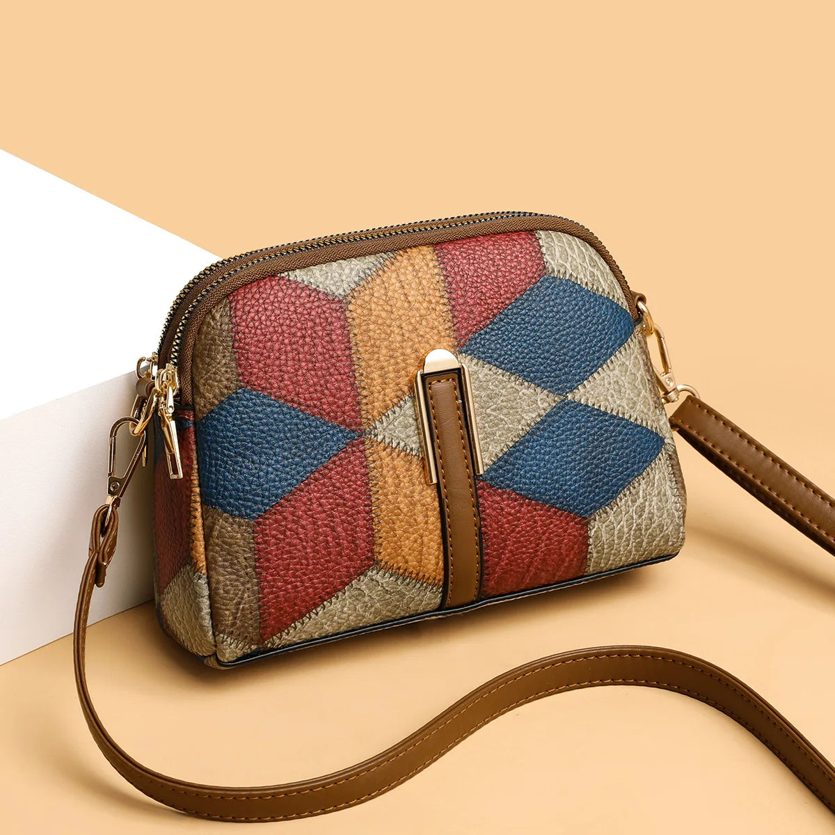 Mini Colorblock Crossbody Bag, Retro Rhombus Patroon Purse, Mode schoudertas voor vrouwen