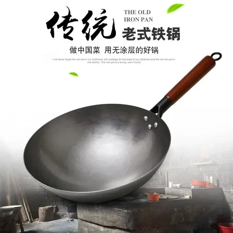 Pentola di ferro tradizionale cinese sana fatta a mano maniglia in legno wok con pentola per cucina per cucina per cucina con pentola per cucina per pentola per pentola