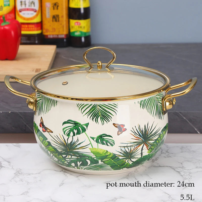 Enamel Soup Pot Retro Flower Bird Binaural Large Capacity Stew Pot with Lid Home Enamel Utensils for Kitchen Delicate Cookware
