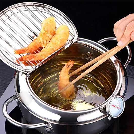 Japán mély sütő hőmérővel és fedéllel 304 rozsdamentes acél konyhai Tempura Fryer Pan sütő olaj sütő serpenyő nélkül