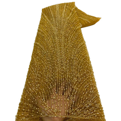 High Quality African Gold Handmade Beaded Lace Fabirc 2025 Sewing sequins Embroidery Nigreian Lace Fabric Women Wedding Dress