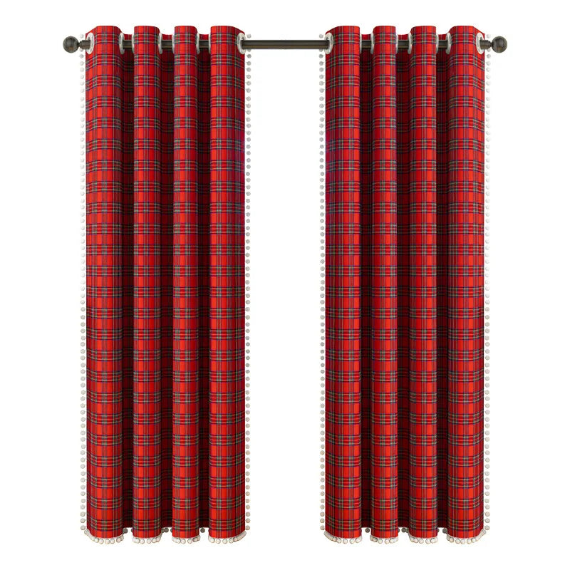 Classic Christmas Plaid Pom Pom Curtains Semi-Blackout for Balcony/Bay Window American Style Decor