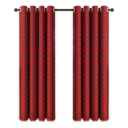 Classic Christmas Plaid Pom Pom Curtains Semi-Blackout for Balcony/Bay Window American Style Decor