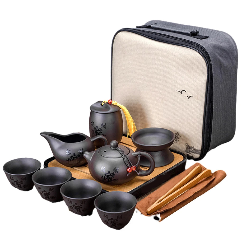 10PCS Purple Clay Kung Fu Tea Set Chinese Tea Set Porcelain Tea Cup Set Teapot Tea Cup Portable Tea Set Storage Bag