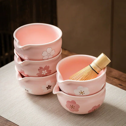 5PCS Flowers Pink Ceramic Bowl Matcha Tea Set Gift Box Safe Bamboo Brush Teaspoon Whisk Holder Matcha DIY-Making Tools ﻿