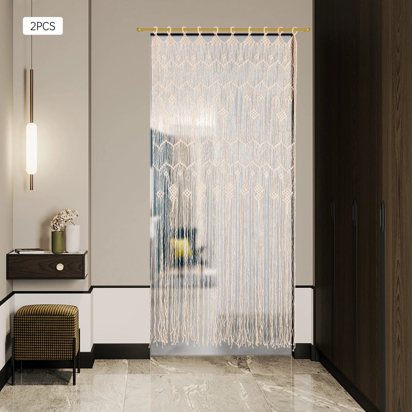 Handwoven Macrame Curtain Set of 2 Boho Room Divider Light Filtering Window Drapes with Wood Rings 39x79 Inch for Home Wedding