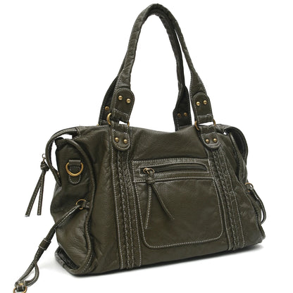 Vintage gewaschenes PU-Leder, große Kapazität, Reißverschlusstaschen, Zopfdekor, Schulter-Umhängetasche, Unisex, Damen, tägliche Reisehandtasche