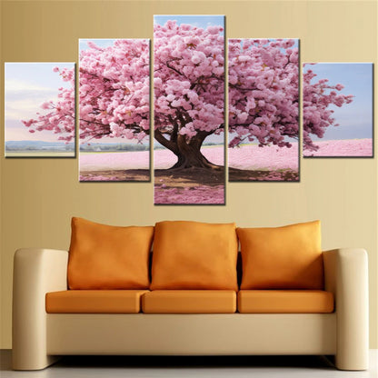 5 Piece HD Printed Home Decor Canvas Art Blossoming Pink Flowering Tree Painting Modular Wall Picture for Room Salon Decoration