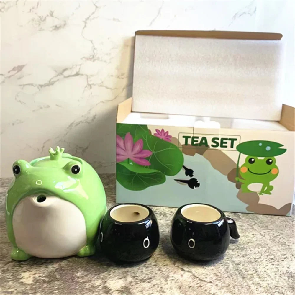 Green Frog Black Tadpole Shaped Japanese Style Teawear Set Creative Porcelain Cute Ceramic Teapot and 2 Tea Cups Sets for Kids