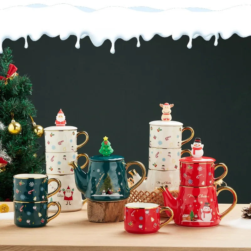 Christmas Ceramics Teaware Sets Coffee Cup & Saucer Santa Claus Elk Snowman Tea Pot and Cup Set Drinkware Xmas Gift 1 Pot 2 Cups