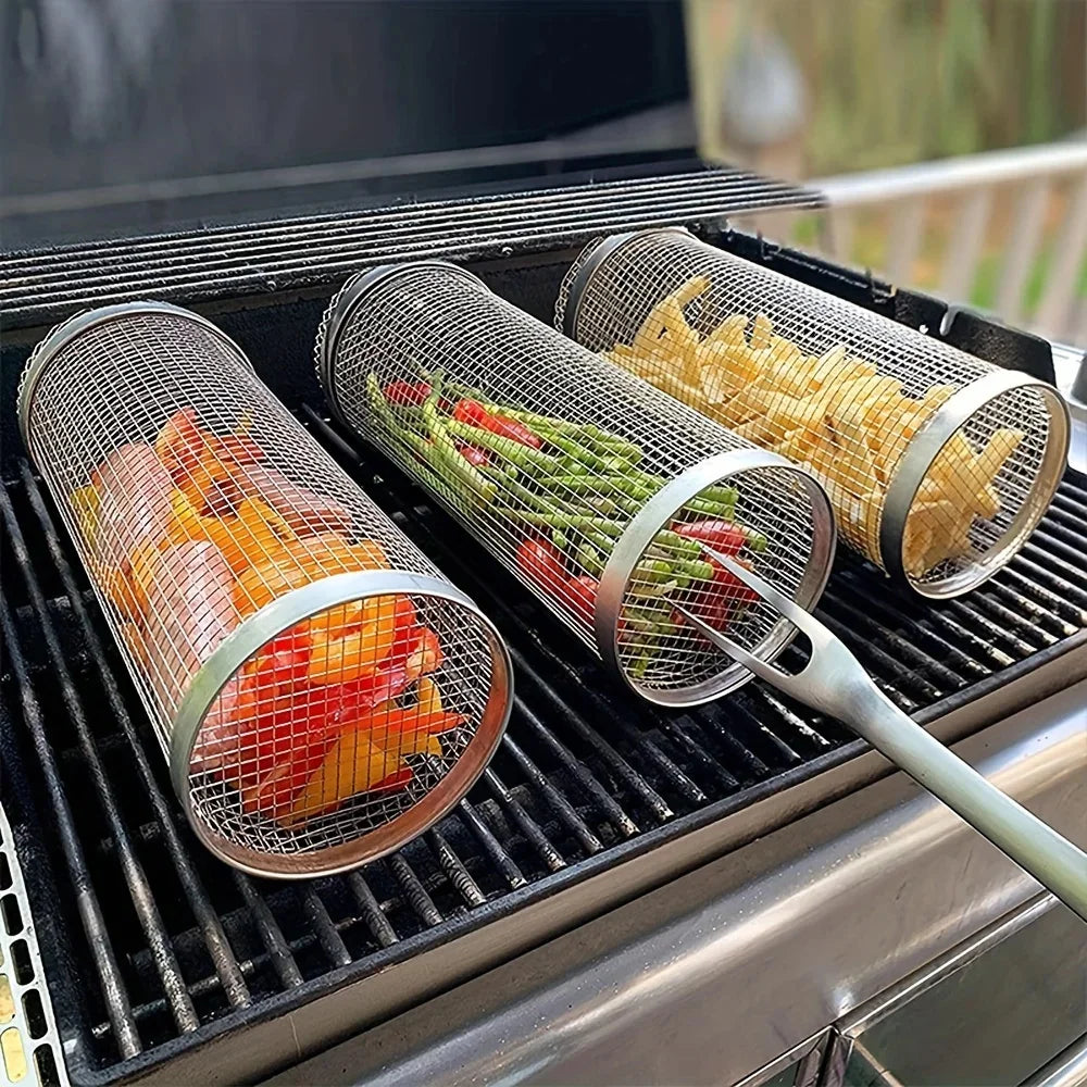 1 stk BBQ Cage Rolling rustfrit stål Udendørs grillkurv Grill Mesh Camping Barbecue Rack BBQ Grilling Accessories Tool