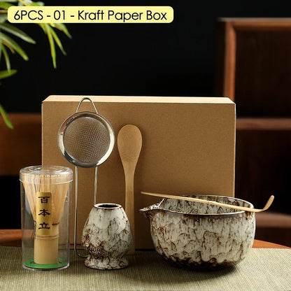 4PCS/6PCS Japanese Ceramic Matcha Teaset Safe Bamboo Brush Teaspoon Whisk Holder for Matcha Lover DIY Tea-Making Tools