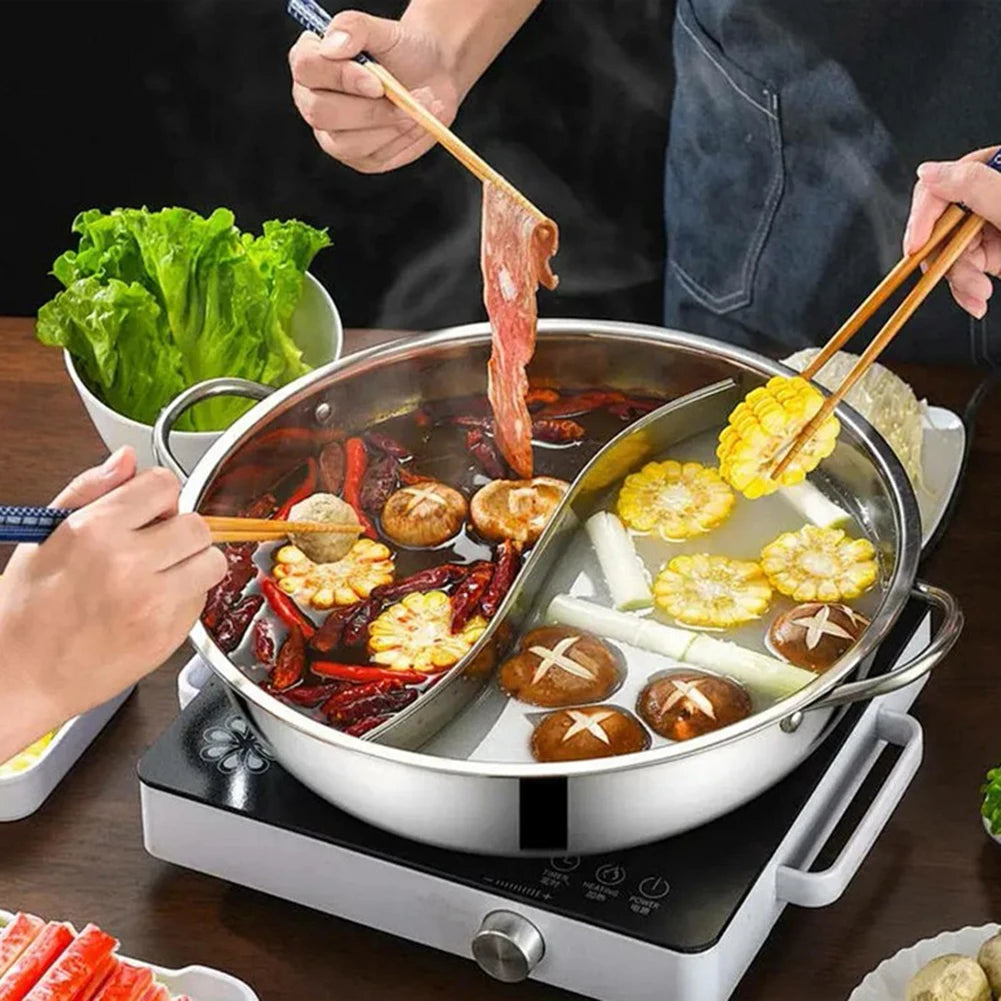 28/30cm Twin Divided Hot Pot Stainless Steel Hotpot Kitchen Cooker Home Cooking Cookware Dish Plate Compatible Cooker Gas Stove