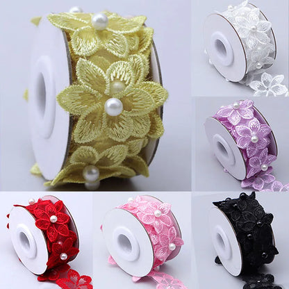 Flower Organza Ribbon Pearl Beaded Embroidered Lace Ribbon Trim Fabric Handmade Wedding Dress DIY Clothing Sewing  Supplies