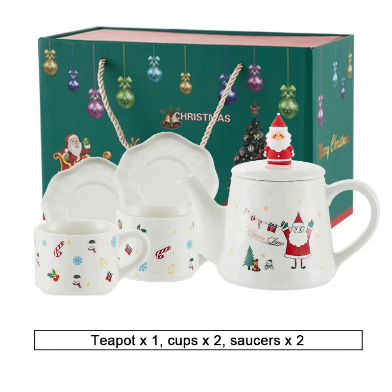 Christmas Ceramics Teaware Sets Coffee Cup & Saucer Santa Claus Elk Snowman Tea Pot and Cup Set Drinkware Xmas Gift 1 Pot 2 Cups