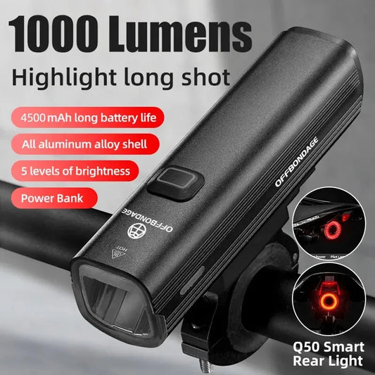 OffBondage Bicycle Light 1000lumen Bike Light Light Power Bank lommelykt Styret USB -lading MTB Road Highlight