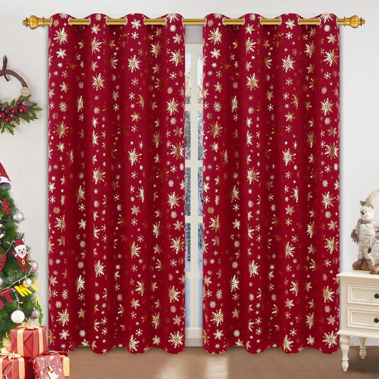 Blackout Christmas Curtains, suitable for living rooms and bedrooms, with gold snowflake foil print.