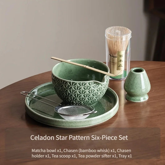 Japanese Matcha Set 2/5/6 Pieces - Green Pattern Tea Bowl, Bamboo Stirrer, Spoon & Filter - Traditional Japanese Tea Ceremony
