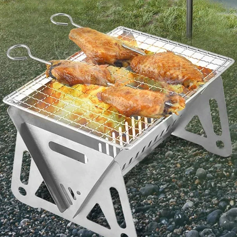 Kannettava taittuva grilligrillilämmitysuuni monitoiminen retkeily BBQ Grill -teline Net Folboood Lates ruostumattomasta teräksestä valmistettu BBQ Grill