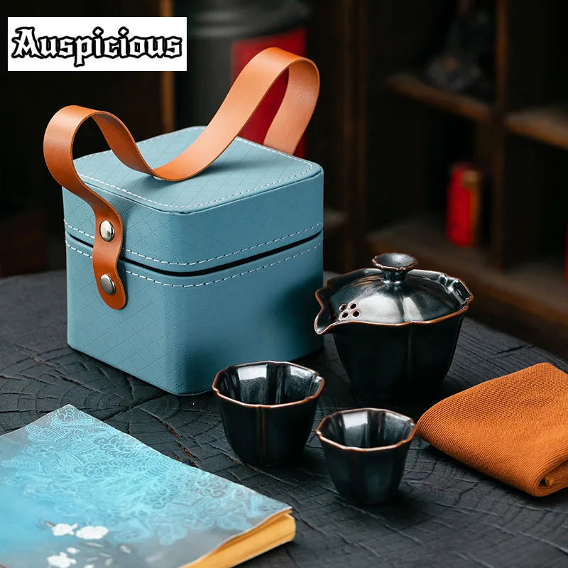 Jun Kiln Celadon Hand-grasp Pot Portable Travel Tea Set Kit Vintage 1 Pot 2 Cups Tea Maker Leather Tote Bag Kung Fu Teaset Gifts
