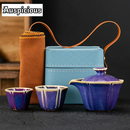 Jun Kiln Celadon Hand-grasp Pot Portable Travel Tea Set Kit Vintage 1 Pot 2 Cups Tea Maker Leather Tote Bag Kung Fu Teaset Gifts