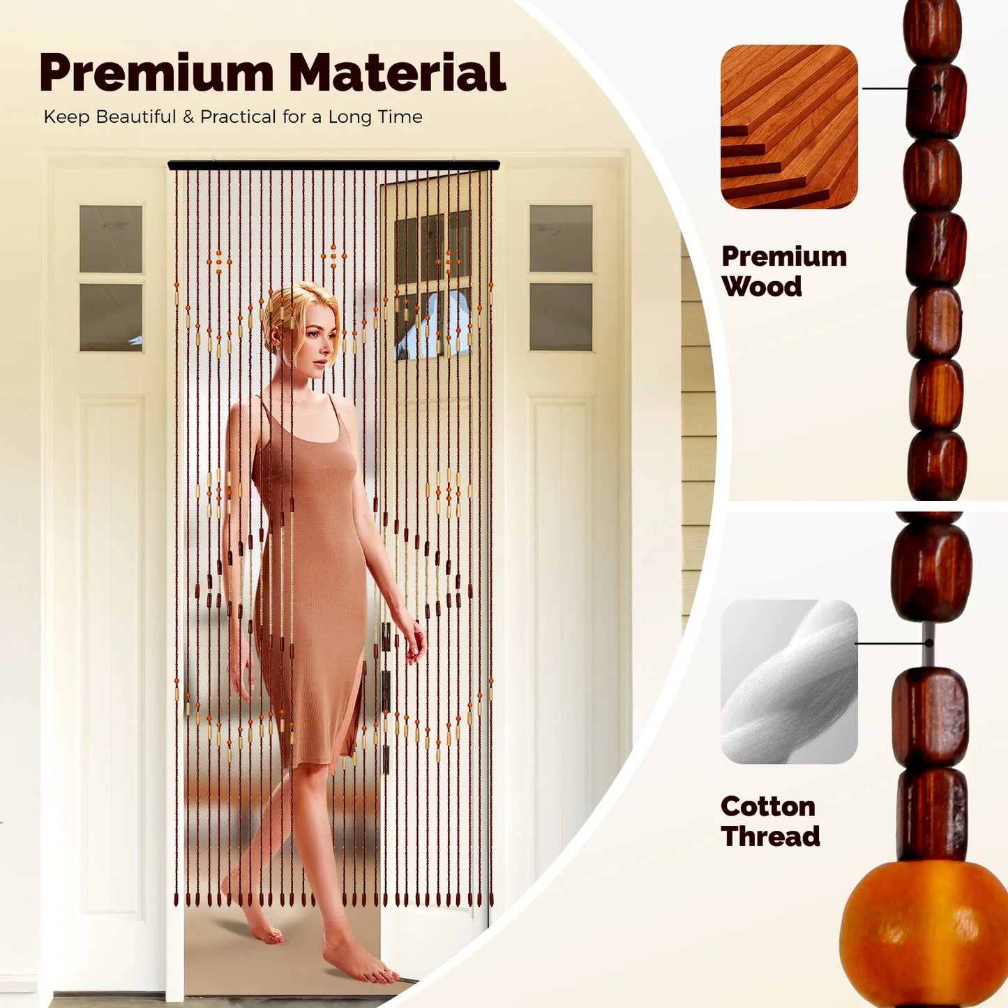 31 Bead Strings Door Curtain 208*90cm Chocolate Brown Wood Cotton Divider Curtain Classical Style for Home Doorways Windows