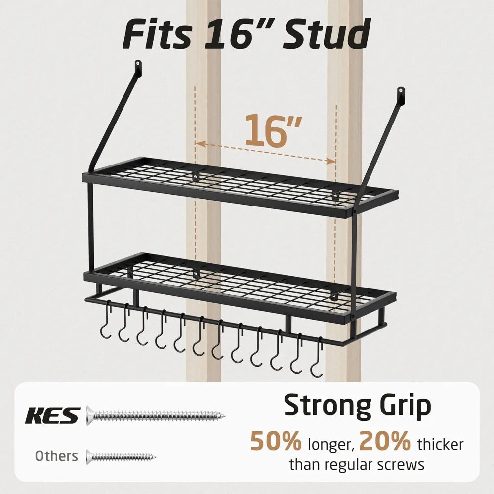30-Inch Kitchen Pot Rack - Mounted Hanging Rack for Kitchen Storage and Organization - Matte Black 2-Tier Wall Shelf with Guard
