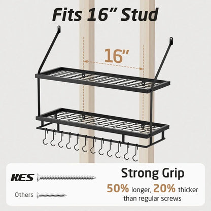 30-Inch Kitchen Pot Rack - Mounted Hanging Rack for Kitchen Storage and Organization - Matte Black 2-Tier Wall Shelf with Guard