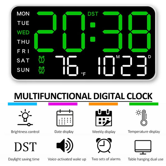 Spraakbesturing Alarmklok USB aangedreven LED Digitale klokken Temp Date Week Display 12/24H DST Helderheidsaanpassing 2-alarms klokken